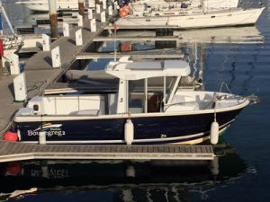 a small blue and white motorboat with a cabin and 3 fenders hanging out the starboard side alongside a finger pontoon in the marina