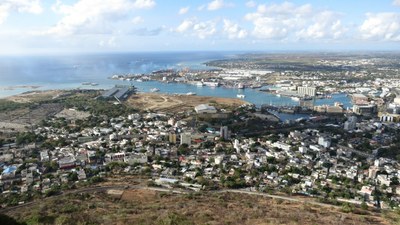 Photo of Port Louis harbour on Mauritius from the hills above the township