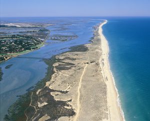 aerial view of a portuguese river entrance from the sea